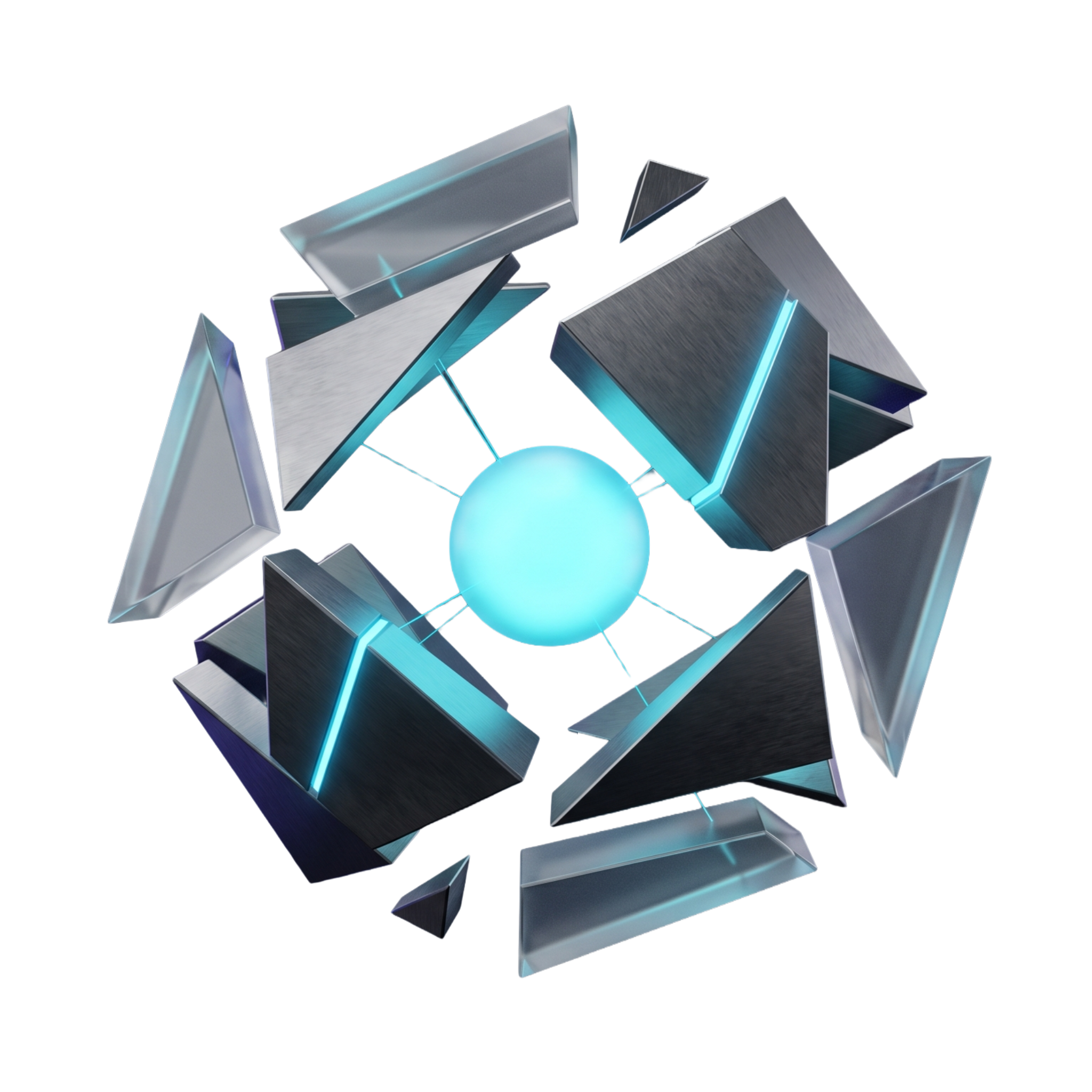 Geometric fragments coalescing toward a glowing cyan sphere — every line of inquiry converging on a single focal point